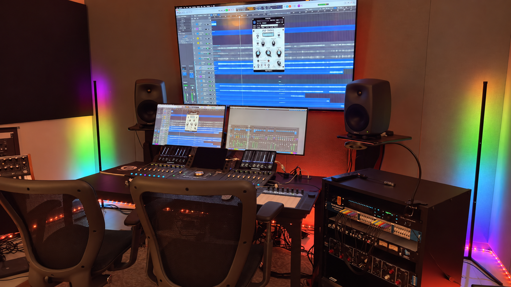 Davis Hall 217 mix and production room with Avid control surface, monitors, and outboard equipment