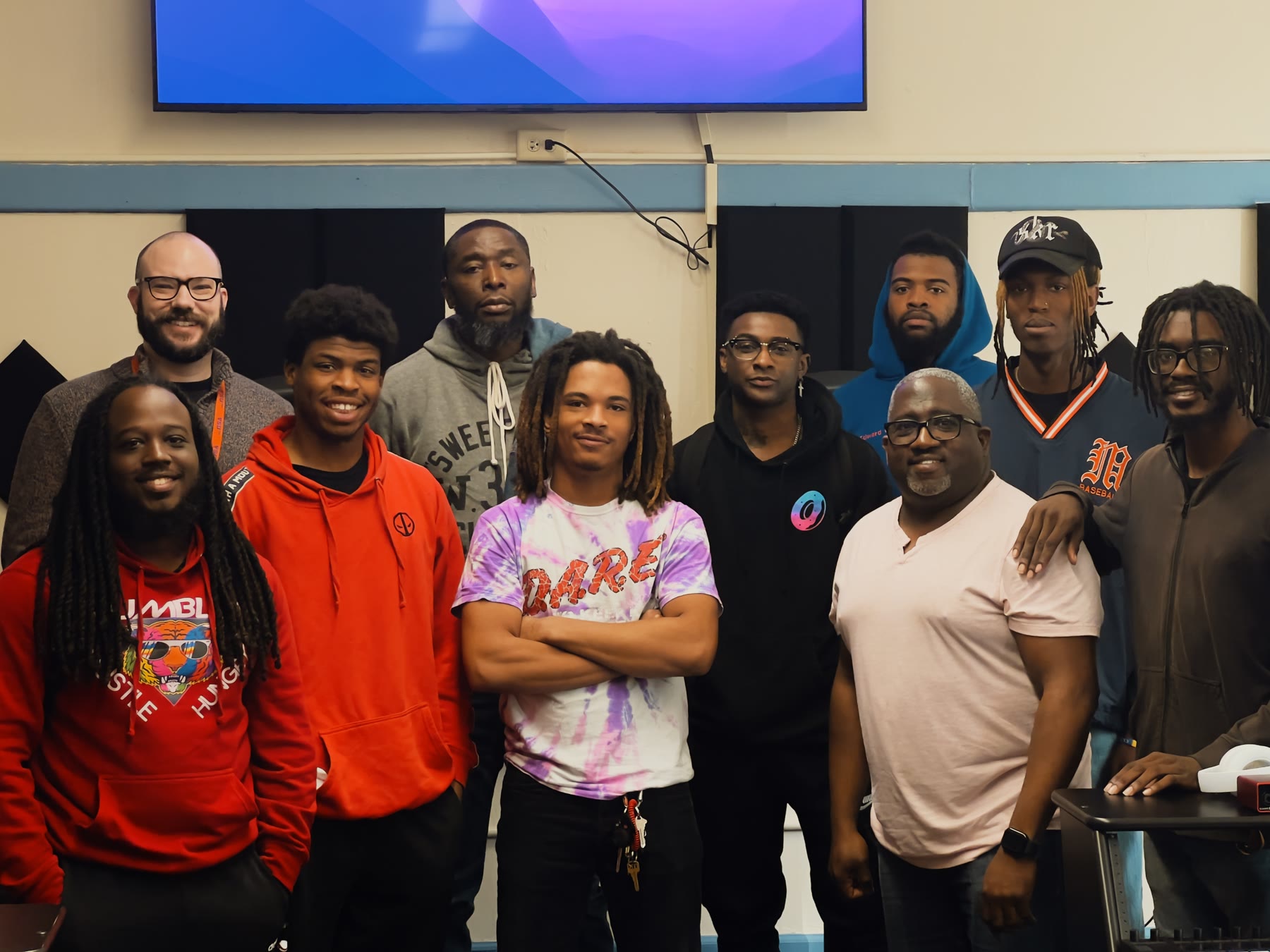 MPT students and faculty with Grammy-winning producer 9th Wonder during a guest session in the Davis Hall production lab